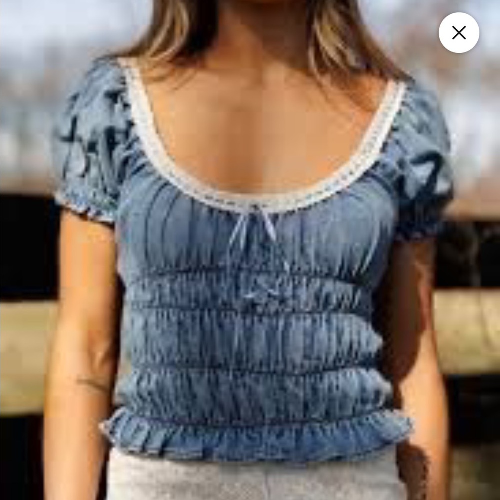 Klesis Light Blue Smocked Denim Crop Top with‎ Lace Trim size small